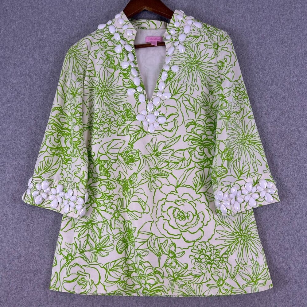 Lilly Pulitzer Tunic Womens 2 White Green Silk Blend Floral Beaded Tropical Boho